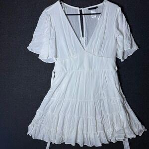 B. Darlin Womens 9/10 White Tiered Mini Dress V-Neck Flutter Sleeve Cottage Tie